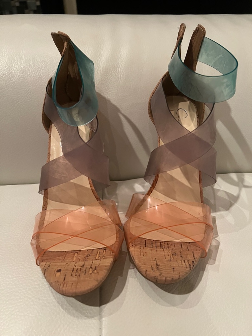 Jessica Simpson Jullury Coral, Purple & Teal Clear Strap Cork Heels Size 8 1/2